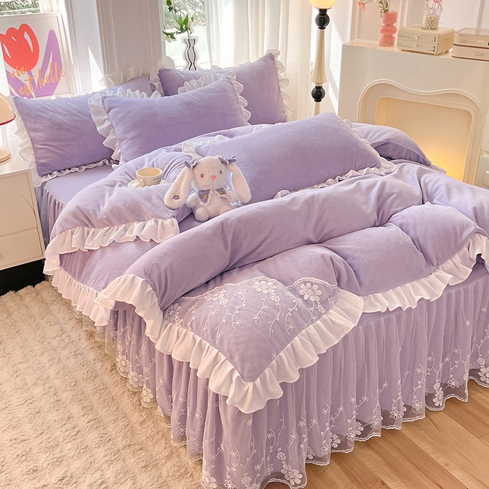 91家纺网 家纺一手货源 找家纺 唐人居 2025新款加厚牛奶绒床裙款四件套--花颜系列 花颜-浅紫