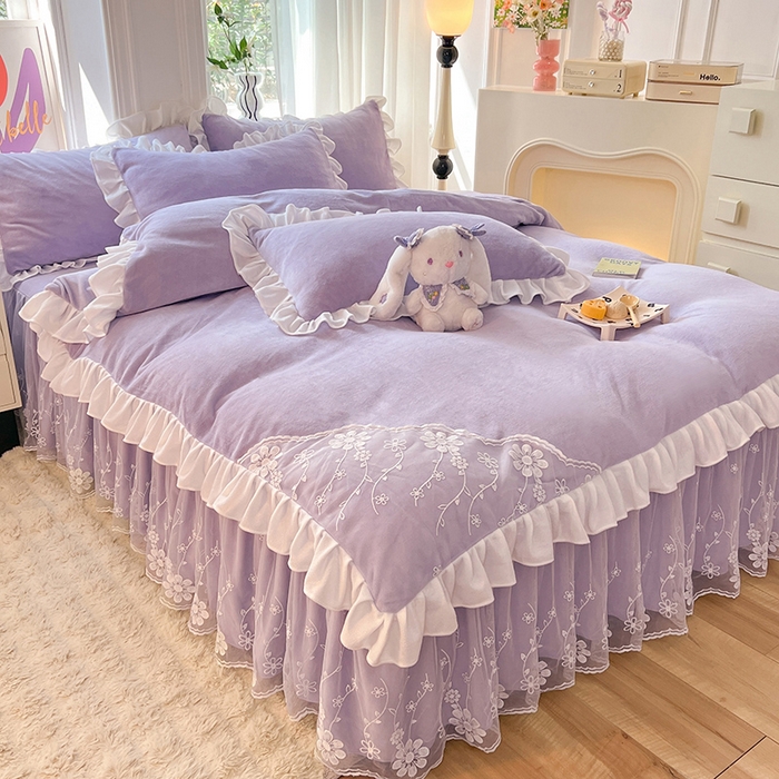 91家纺网 家纺一手货源 找家纺 唐人居 2025新款加厚牛奶绒床裙款四件套--花颜系列 花颜-浅紫
