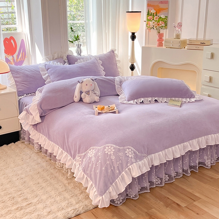 91家纺网 家纺一手货源 找家纺 唐人居 2025新款加厚牛奶绒床裙款四件套--花颜系列 花颜-浅紫