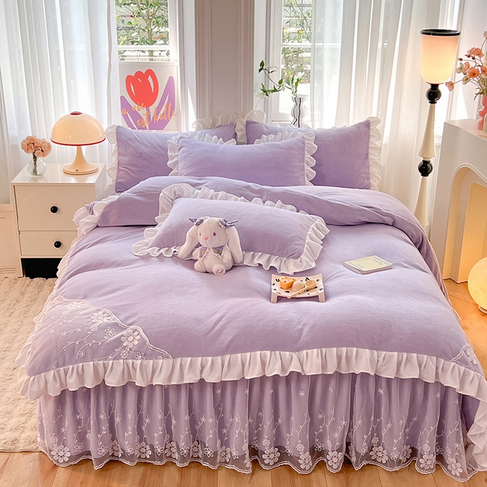 91家纺网 家纺一手货源 找家纺 唐人居 2025新款加厚牛奶绒床裙款四件套--花颜系列 花颜-浅紫