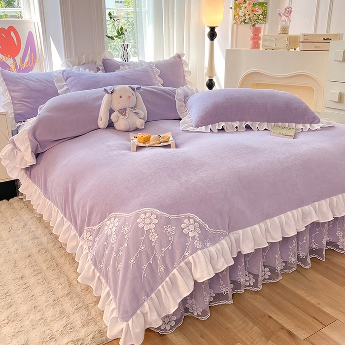 91家纺网 家纺一手货源 找家纺 唐人居 2025新款加厚牛奶绒床裙款四件套--花颜系列 花颜-浅紫