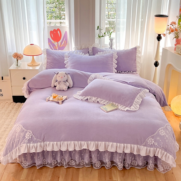 91家纺网 家纺一手货源 找家纺 唐人居 2025新款加厚牛奶绒床裙款四件套--花颜系列 花颜-浅紫