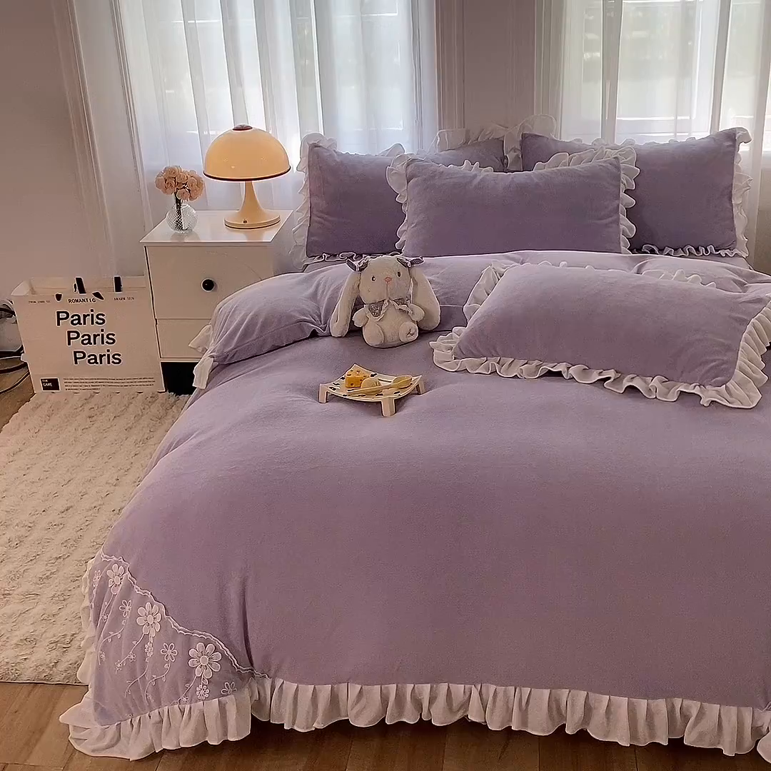 91家纺网 家纺一手货源 找家纺 唐人居 2025新款加厚牛奶绒床裙款四件套--花颜系列 花颜-浅紫