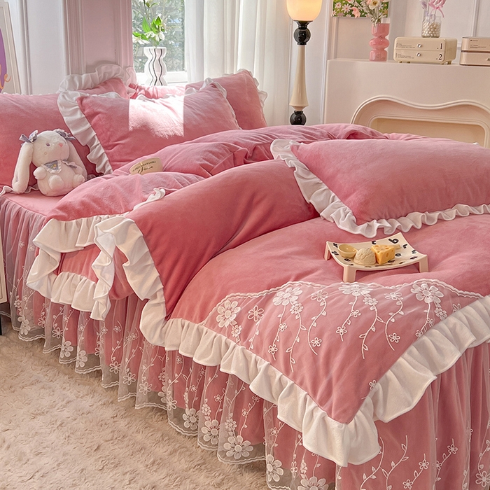 唐人居 2025新款加厚牛奶绒床裙款四件套--花颜系列 花颜-桃粉