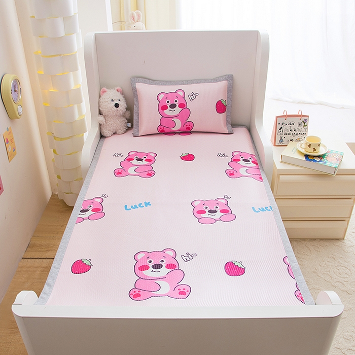 91家纺网 家纺一手货源 找家纺 萌宝家纺 2025新款7A抗菌儿童冰藤席卡通软席幼儿园冰丝席可定制 粉色小熊