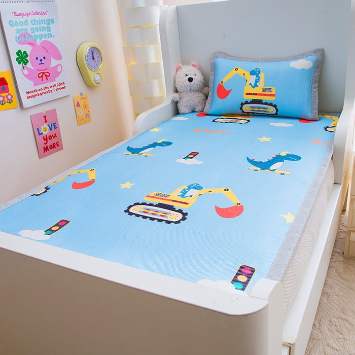 91家纺网 家纺一手货源 找家纺 萌宝家纺 2025新款7A抗菌儿童冰藤席卡通软席幼儿园冰丝席可定制 恐龙挖掘机