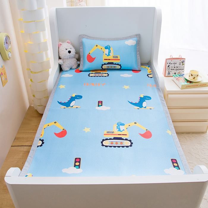 91家纺网 家纺一手货源 找家纺 萌宝家纺 2025新款7A抗菌儿童冰藤席卡通软席幼儿园冰丝席可定制 恐龙挖掘机