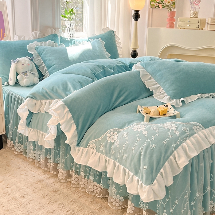 唐人居 2025新款加厚牛奶绒床裙款四件套--花颜系列 花颜-天蓝