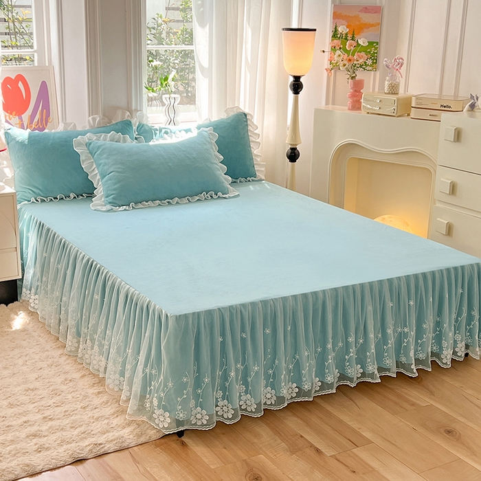 91家纺网 家纺一手货源 找家纺 唐人居 2025新款加厚牛奶绒床裙款四件套--花颜系列 花颜-天蓝