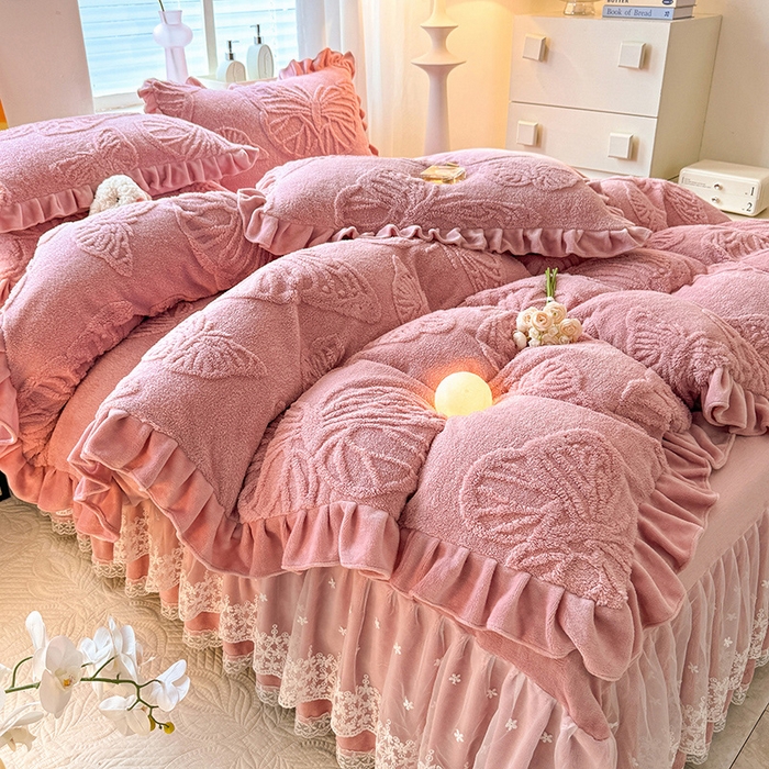 唐人居 2025新款雕花牛奶绒床裙花边四件套--蝶舞 蝶舞-豆沙