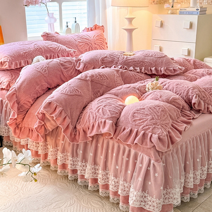 91家纺网 家纺一手货源 找家纺 唐人居 2025新款雕花牛奶绒床裙花边四件套--蝶舞 蝶舞-豆沙