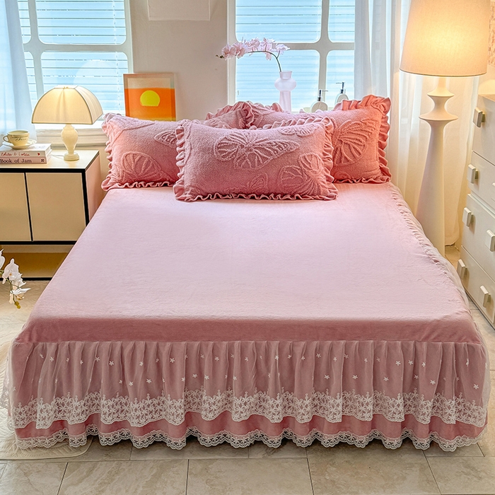 91家纺网 家纺一手货源 找家纺 唐人居 2025新款雕花牛奶绒床裙花边四件套--蝶舞 蝶舞-豆沙