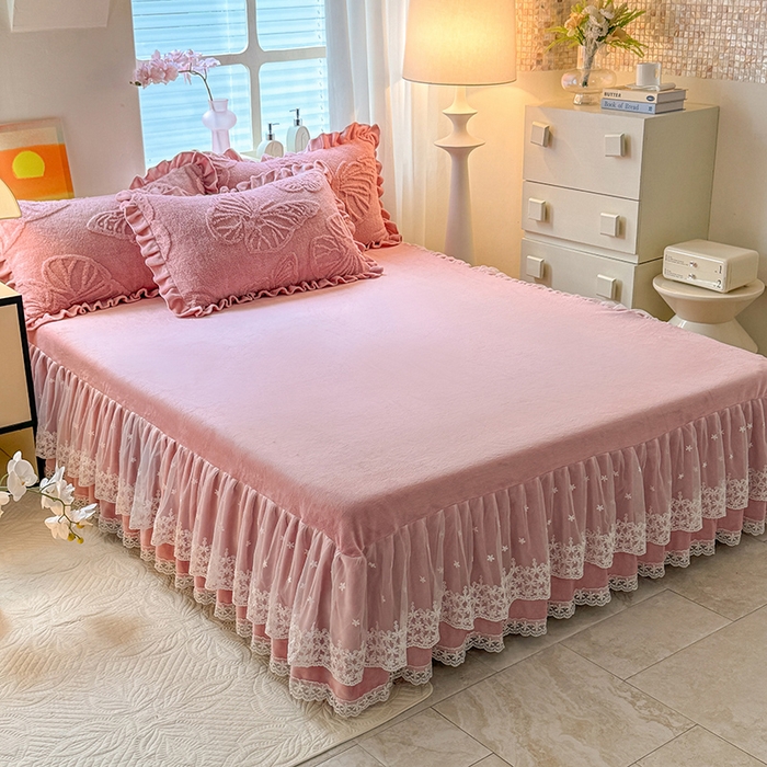 91家纺网 家纺一手货源 找家纺 唐人居 2025新款雕花牛奶绒床裙花边四件套--蝶舞 蝶舞-豆沙