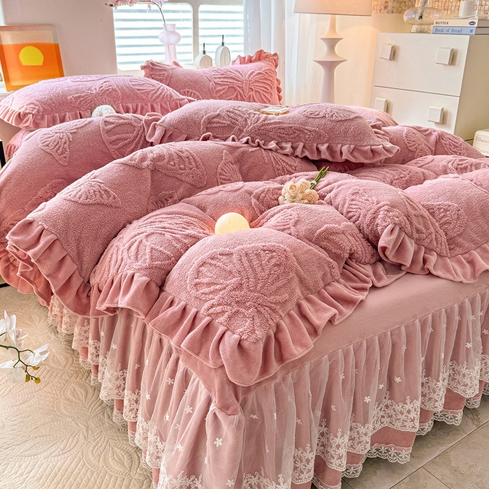 91家纺网 家纺一手货源 找家纺 唐人居 2025新款雕花牛奶绒床裙花边四件套--蝶舞 蝶舞-豆沙