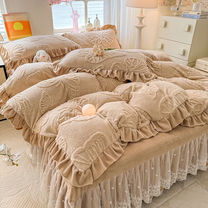 唐人居 2025新款雕花牛奶绒床裙花边四件套--蝶舞 蝶舞-卡其