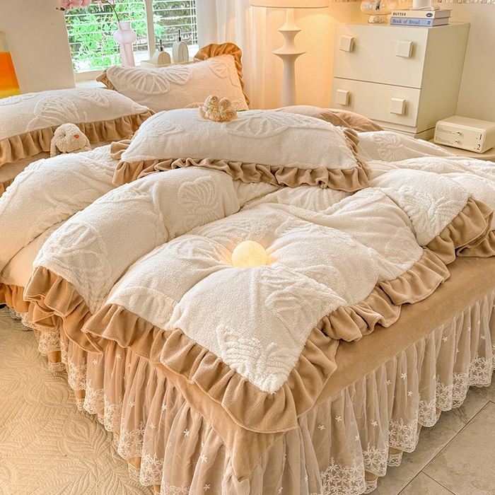 唐人居 2025新款雕花牛奶绒床裙花边四件套--蝶舞 蝶舞-奶白