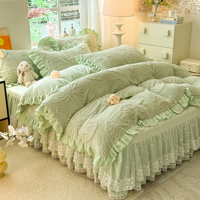 91家纺网 家纺一手货源 找家纺 唐人居 2025新款雕花牛奶绒床裙花边四件套--蝶舞 蝶舞-水绿