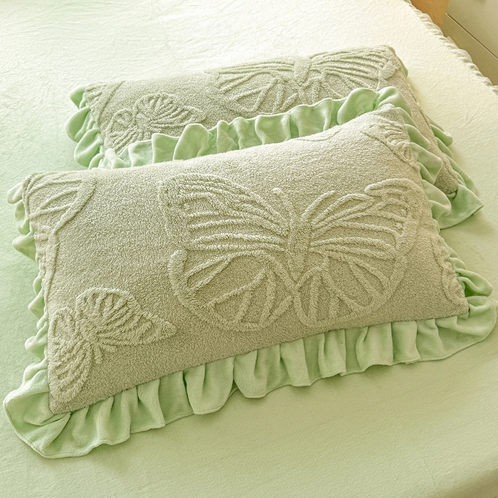 91家纺网 家纺一手货源 找家纺 唐人居 2025新款雕花牛奶绒床裙花边四件套--蝶舞 蝶舞-水绿