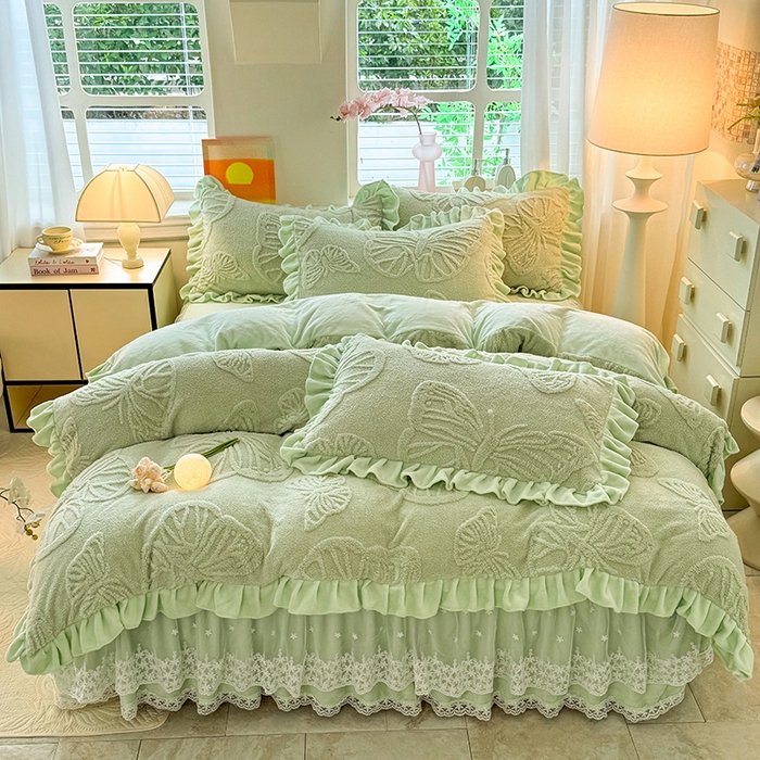 91家纺网 家纺一手货源 找家纺 唐人居 2025新款雕花牛奶绒床裙花边四件套--蝶舞 蝶舞-水绿