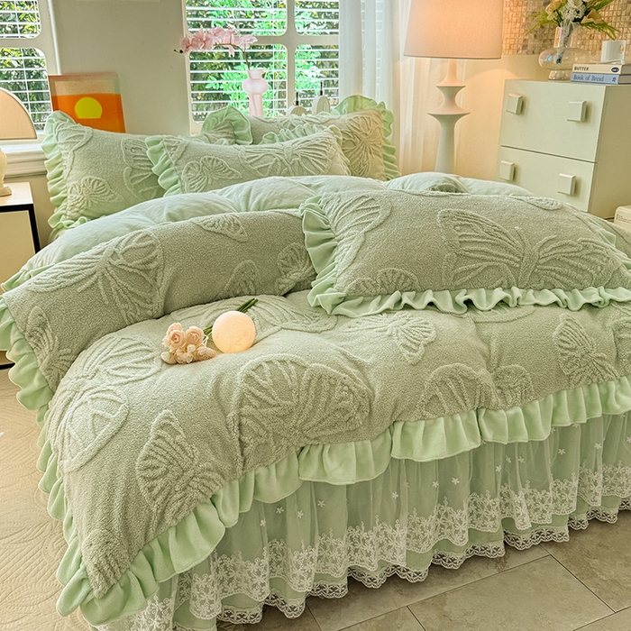 91家纺网 家纺一手货源 找家纺 唐人居 2025新款雕花牛奶绒床裙花边四件套--蝶舞 蝶舞-水绿