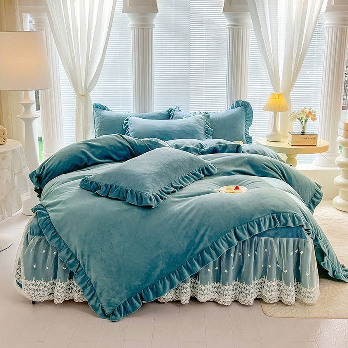 91家纺网 家纺一手货源 找家纺 （总）唐人居 2025新款加厚牛奶绒蕾丝花边床裙款四件套--爱丽丝系列