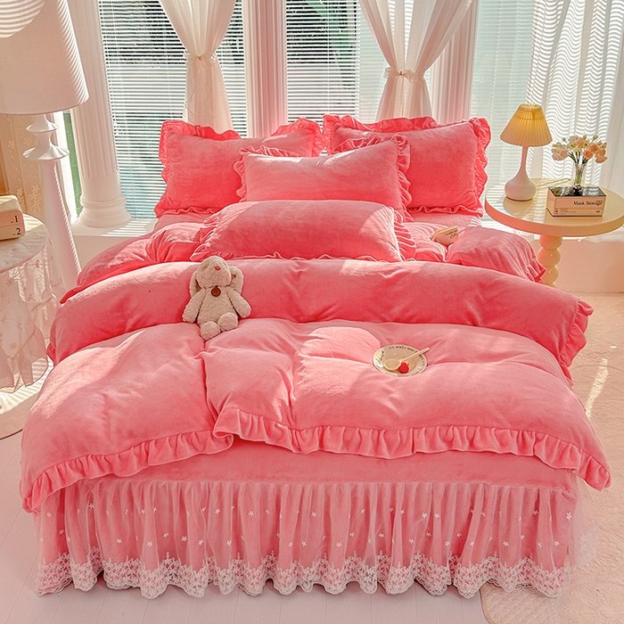 唐人居 2025新款加厚牛奶绒蕾丝花边床裙款四件套--爱丽丝系列 爱丽丝-粉玉