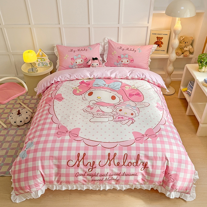 2025新款大版三丽鸥系列 纯棉床单全棉床裙学生三四件套 花边款 大版花边-玩偶美乐蒂