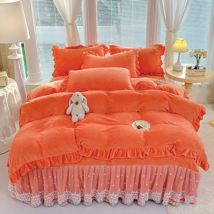 唐人居 2025新款加厚牛奶绒蕾丝花边床裙款四件套--爱丽丝系列 爱丽丝-橘色