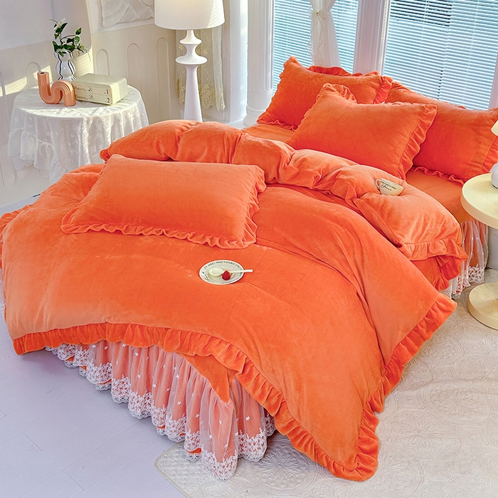 91家纺网 家纺一手货源 找家纺 唐人居 2025新款加厚牛奶绒蕾丝花边床裙款四件套--爱丽丝系列 爱丽丝-橘色