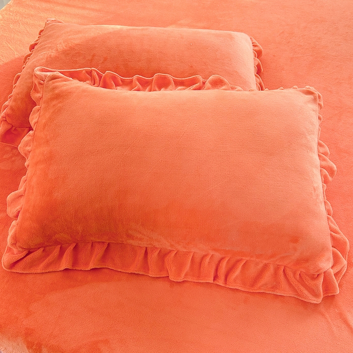 91家纺网 家纺一手货源 找家纺 唐人居 2025新款加厚牛奶绒蕾丝花边床裙款四件套--爱丽丝系列 爱丽丝-橘色