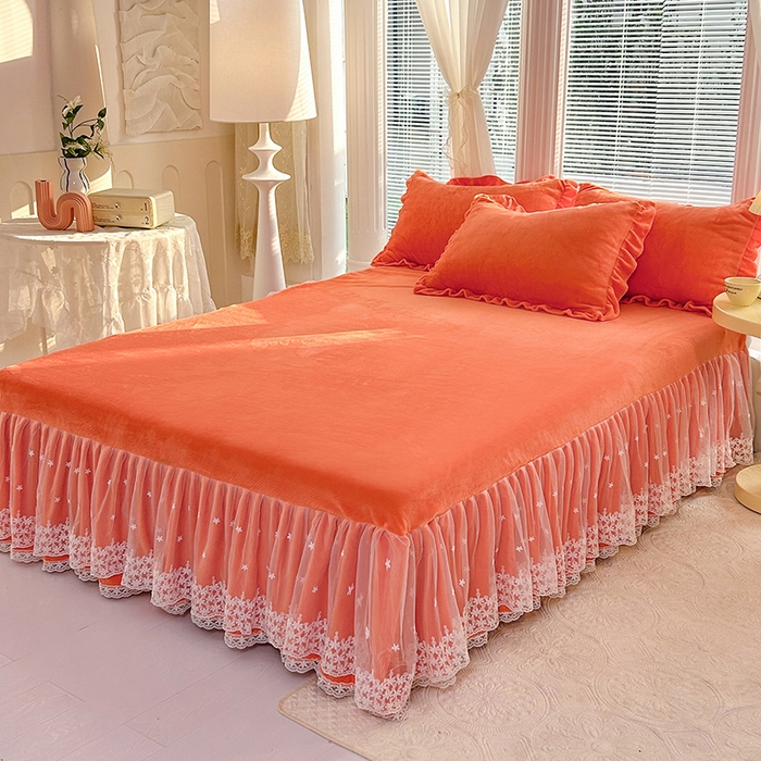 91家纺网 家纺一手货源 找家纺 唐人居 2025新款加厚牛奶绒蕾丝花边床裙款四件套--爱丽丝系列 爱丽丝-橘色