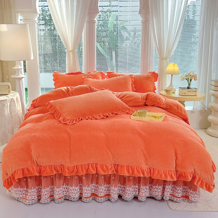 91家纺网 家纺一手货源 找家纺 唐人居 2025新款加厚牛奶绒蕾丝花边床裙款四件套--爱丽丝系列 爱丽丝-橘色