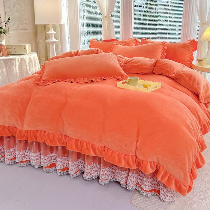 91家纺网 家纺一手货源 找家纺 唐人居 2025新款加厚牛奶绒蕾丝花边床裙款四件套--爱丽丝系列 爱丽丝-橘色