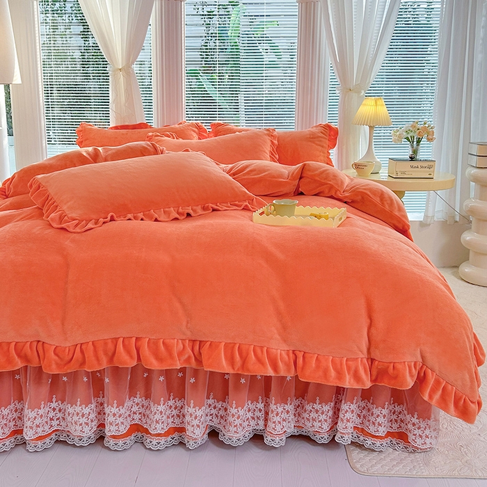 91家纺网 家纺一手货源 找家纺 唐人居 2025新款加厚牛奶绒蕾丝花边床裙款四件套--爱丽丝系列 爱丽丝-橘色