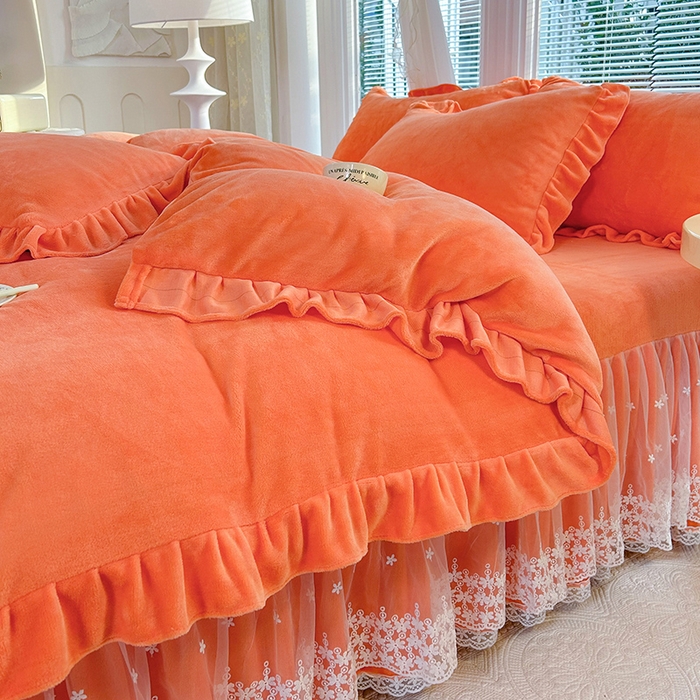 91家纺网 家纺一手货源 找家纺 唐人居 2025新款加厚牛奶绒蕾丝花边床裙款四件套--爱丽丝系列 爱丽丝-橘色