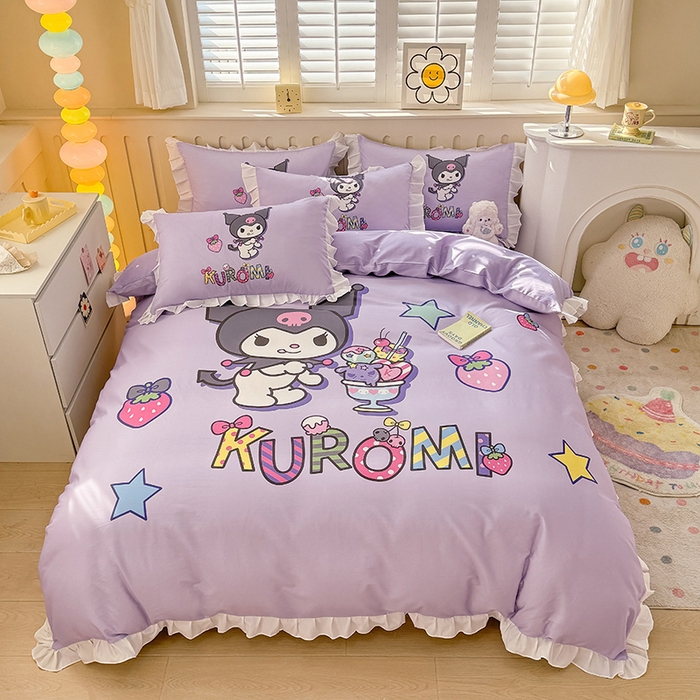 2025新款大版三丽鸥系列 纯棉床单全棉床裙学生三四件套 花边款 花边款-草莓库洛米