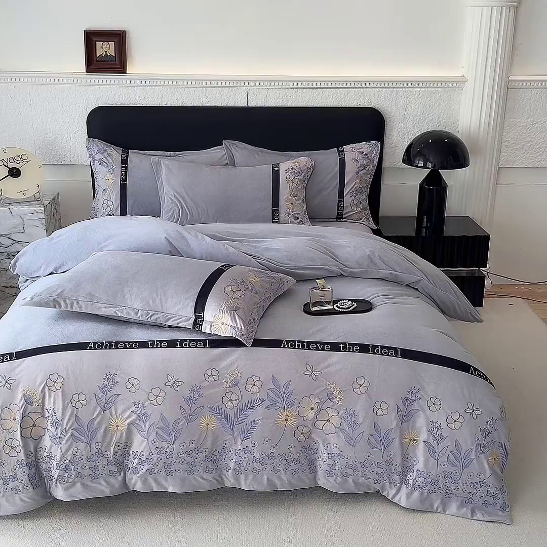 91家纺网 家纺一手货源 找家纺 唐人居 2025新款宝宝绒绣花四件套-塞纳河畔 塞纳河畔-浅灰