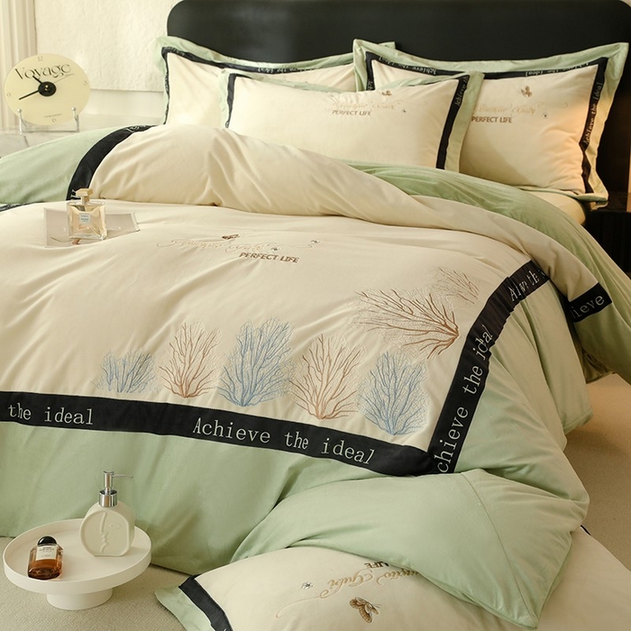 91家纺网 家纺一手货源 找家纺 唐人居 2025新款宝宝绒绣花四件套-塞纳河畔 塞纳河畔-浅绿