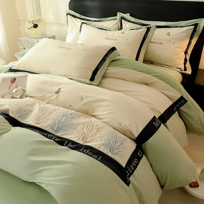 91家纺网 家纺一手货源 找家纺 唐人居 2025新款宝宝绒绣花四件套-塞纳河畔 塞纳河畔-浅绿