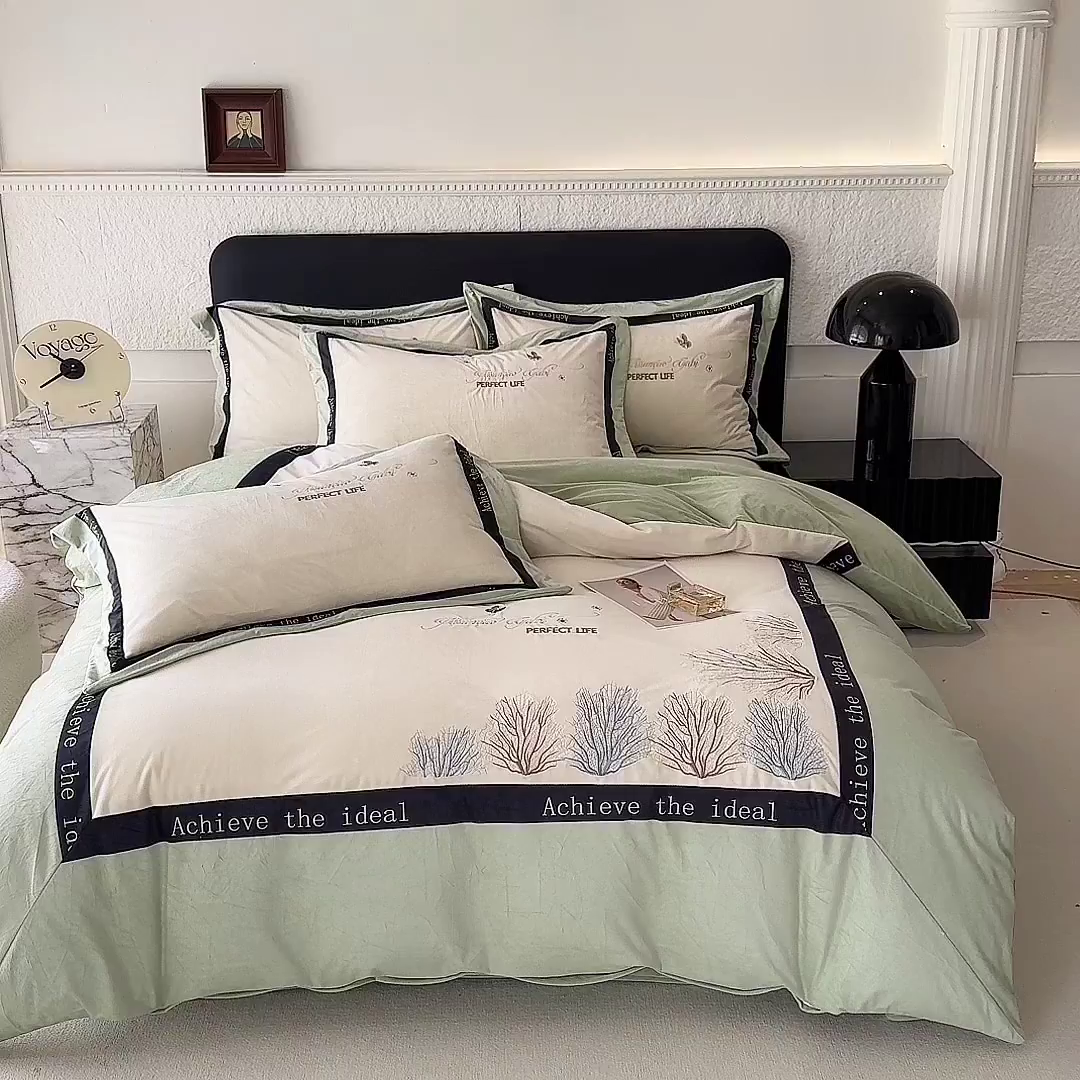 91家纺网 家纺一手货源 找家纺 唐人居 2025新款宝宝绒绣花四件套-塞纳河畔 塞纳河畔-浅绿