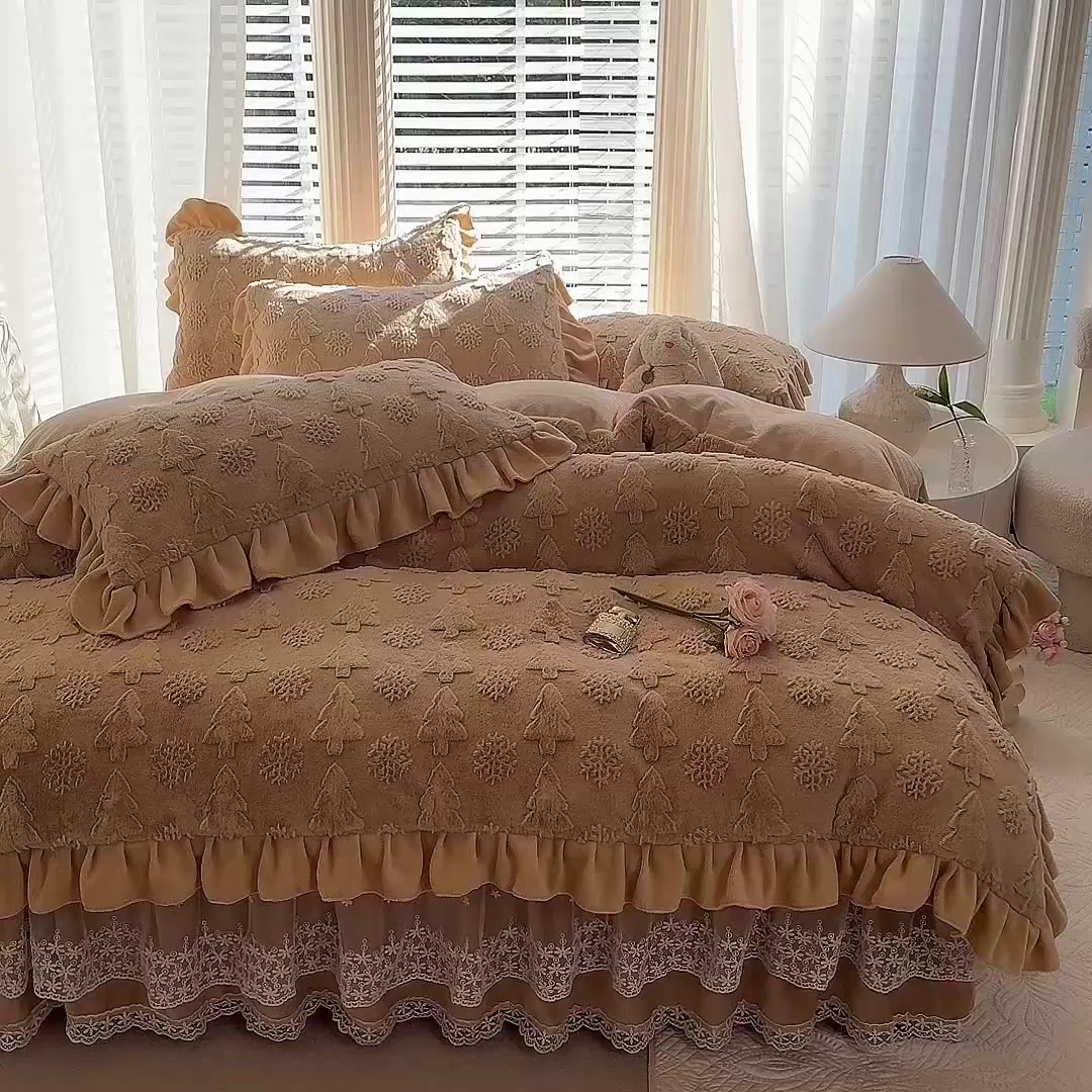 91家纺网 家纺一手货源 找家纺 （总）唐人居 2025新款雕花花边兔毛绒床裙四件套