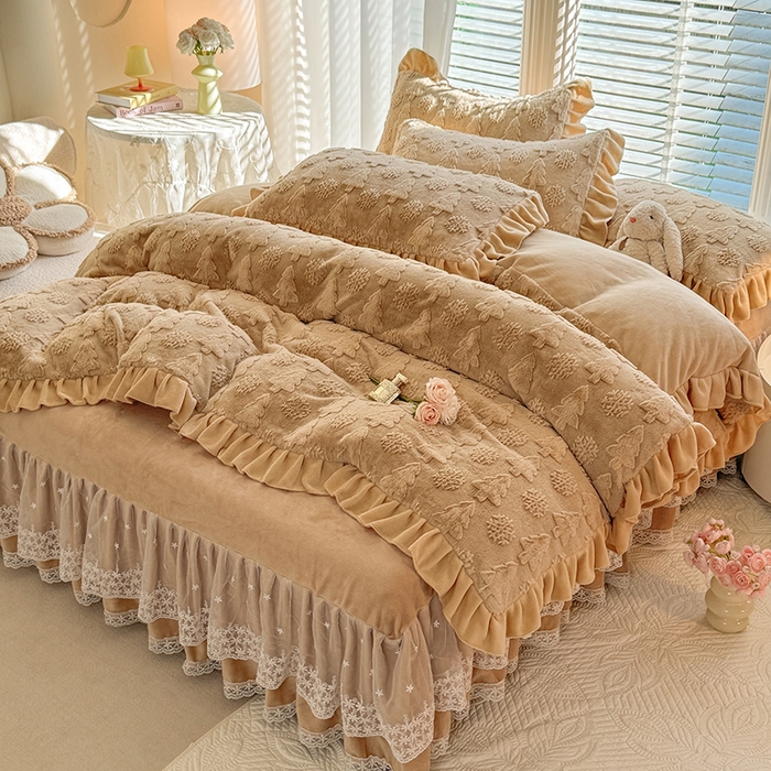 91家纺网 家纺一手货源 找家纺 （总）唐人居 2025新款雕花花边兔毛绒床裙四件套