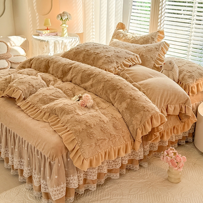 91家纺网 家纺一手货源 找家纺 （总）唐人居 2025新款雕花花边兔毛绒床裙四件套