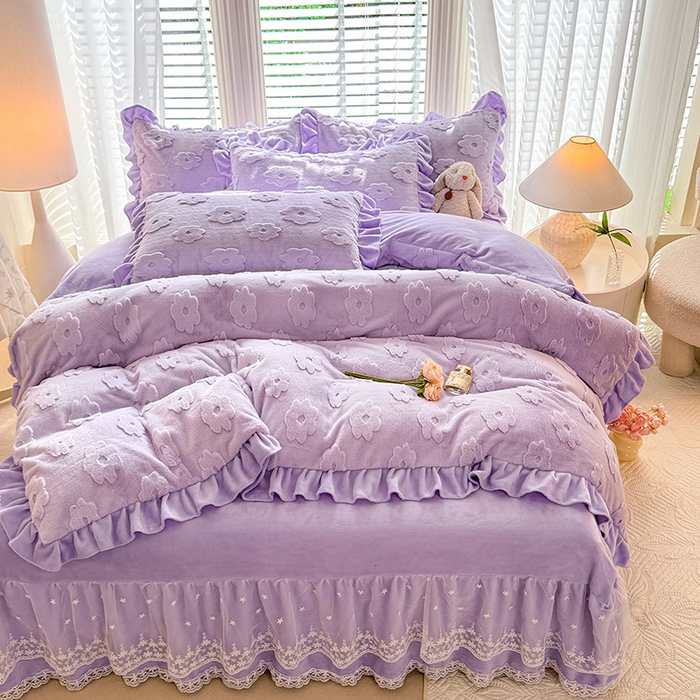 91家纺网 家纺一手货源 找家纺 唐人居 2025新款雕花花边兔毛绒床裙四件套 花儿朵朵-紫色