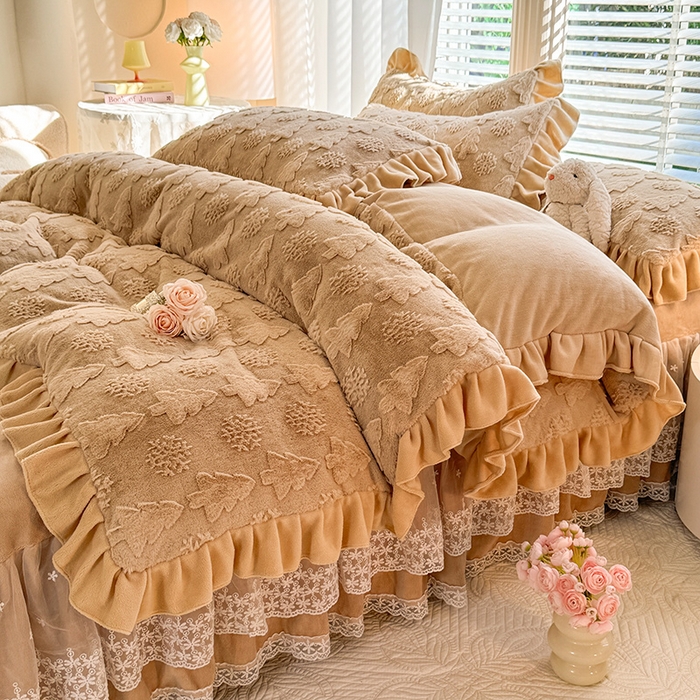 91家纺网 家纺一手货源 找家纺 唐人居 2025新款雕花花边兔毛绒床裙四件套 小树林-卡其