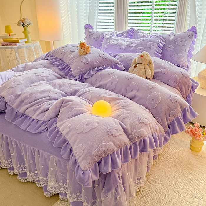 91家纺网 家纺一手货源 找家纺 唐人居 2025新款雕花花边兔毛绒床裙四件套 花儿朵朵-紫色