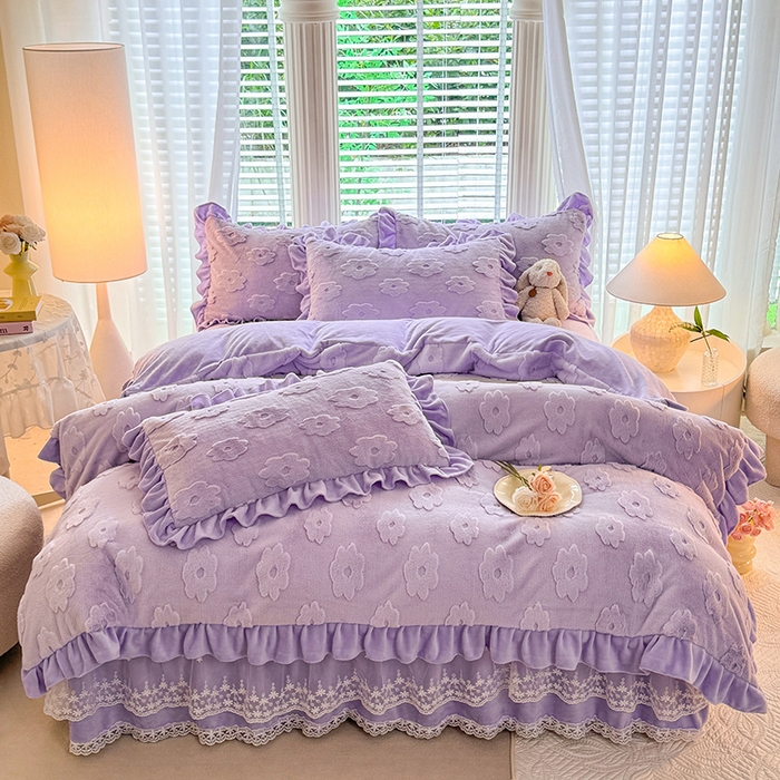 91家纺网 家纺一手货源 找家纺 唐人居 2025新款雕花花边兔毛绒床裙四件套 花儿朵朵-紫色