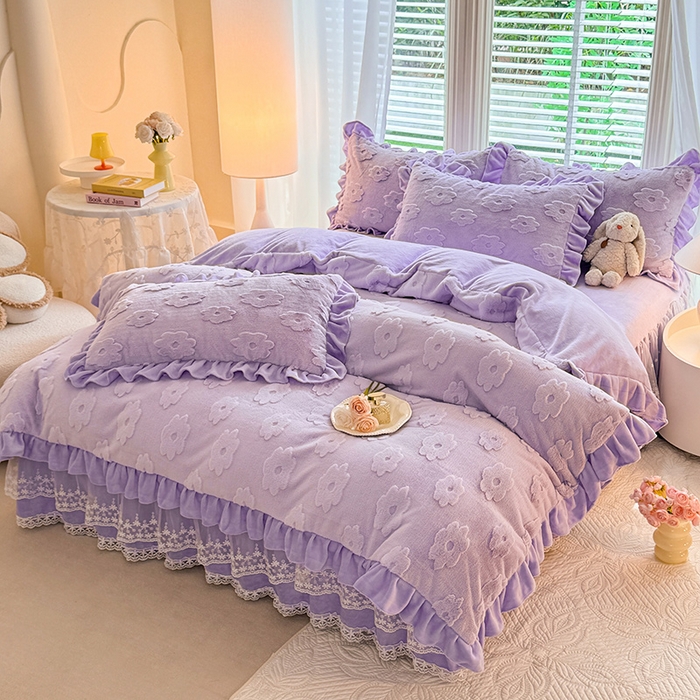 91家纺网 家纺一手货源 找家纺 唐人居 2025新款雕花花边兔毛绒床裙四件套 花儿朵朵-紫色