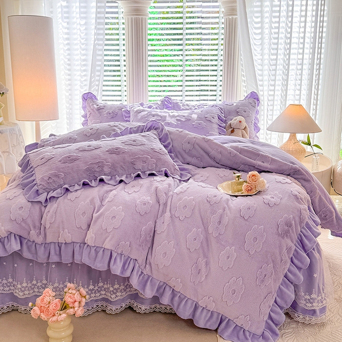 91家纺网 家纺一手货源 找家纺 唐人居 2025新款雕花花边兔毛绒床裙四件套 花儿朵朵-紫色