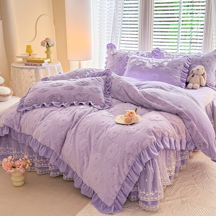 91家纺网 家纺一手货源 找家纺 唐人居 2025新款雕花花边兔毛绒床裙四件套 花儿朵朵-紫色
